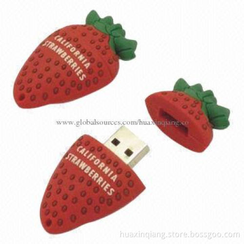 USB Drives in Strawberry Shape, 128MB-64GB Capacity, Logo Design, Soft PVC, 5-year Warranty, USB 2.0